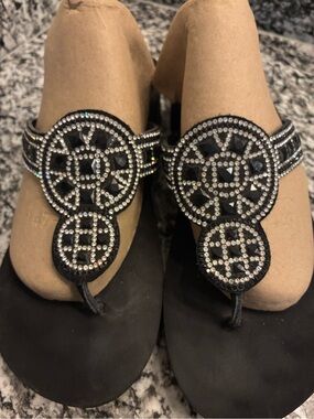 Embellished Black Women's T-Strap Sandals